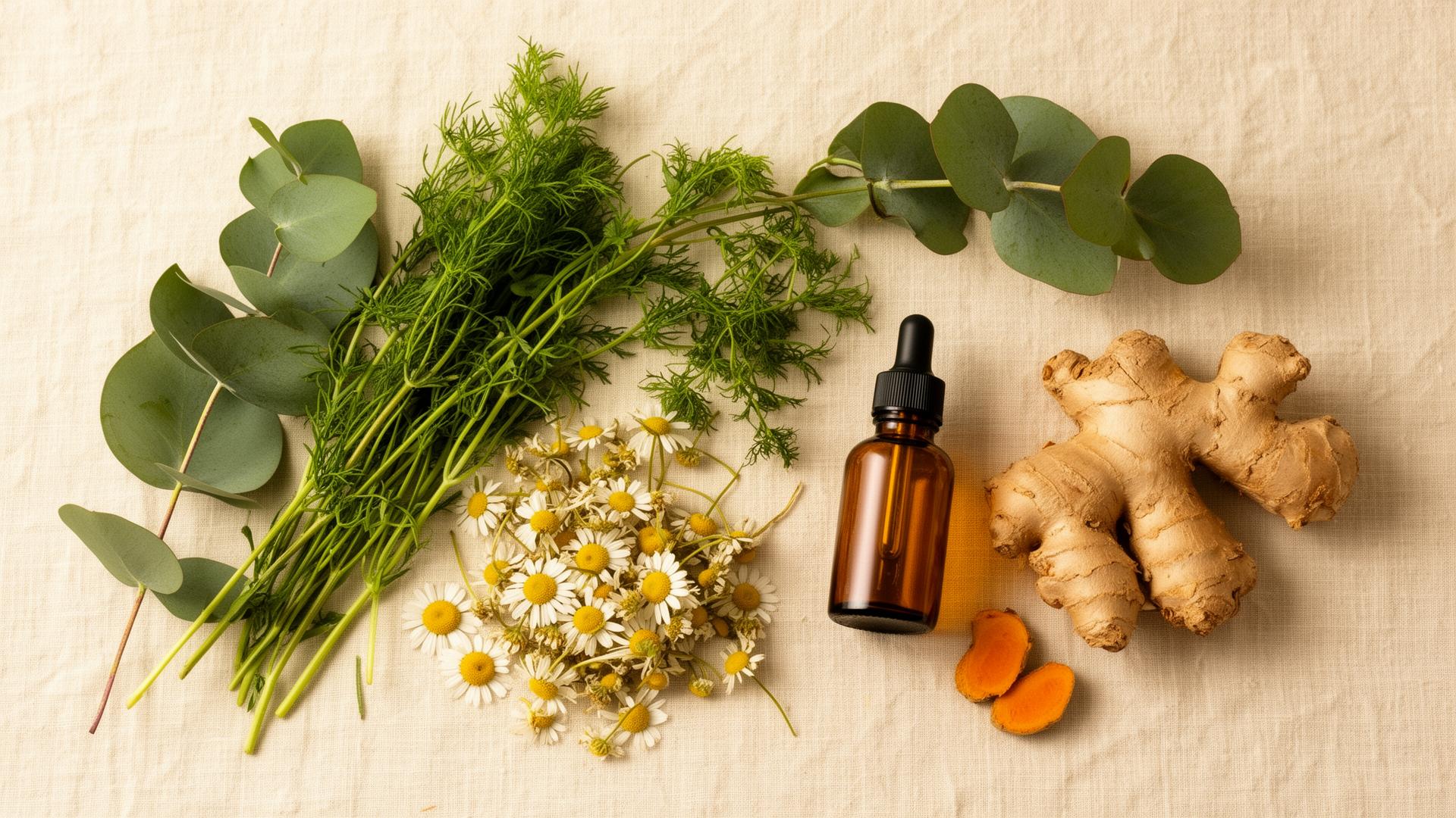 Eucalyptus, chamomile, ginger root and an amber dropper bottle on linen